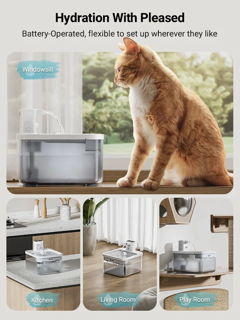 2.5L Wireless Cat Water Fountain Battery Operated Automatic Pet Water Fountain with Motion Sensor Dog Water Dispenser