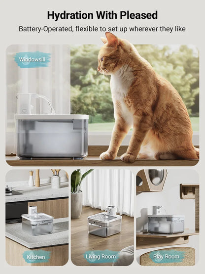 2.5L Wireless Cat Water Fountain Battery Operated Automatic Pet Water Fountain with Motion Sensor Dog Water Dispenser
