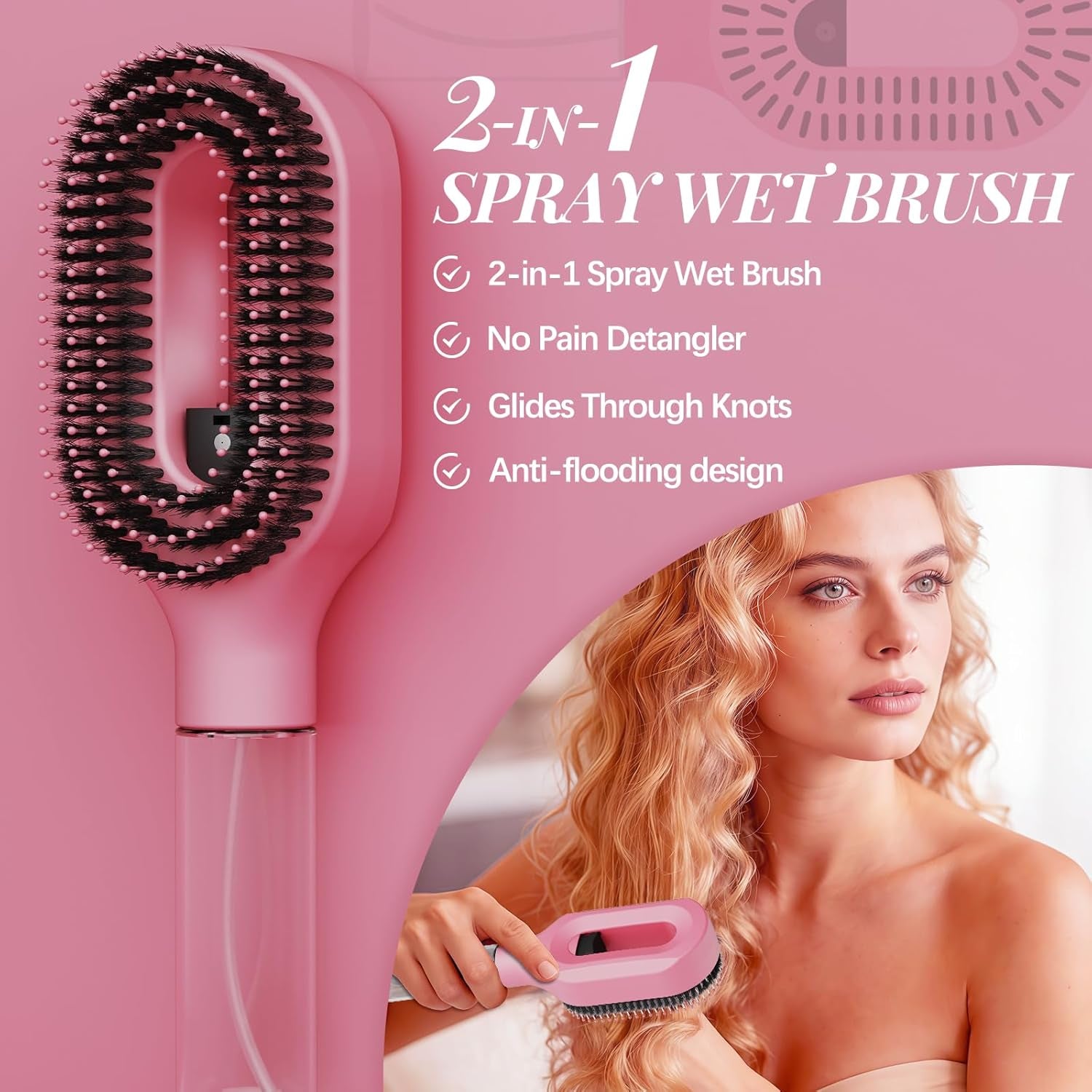 Curl Refresh Detangling Brush with Fine Mist Spray | Anti-Breakage & Frizz Control for Curly Hair | Wet or Dry Styling | Travel Friendly(1, Pink)